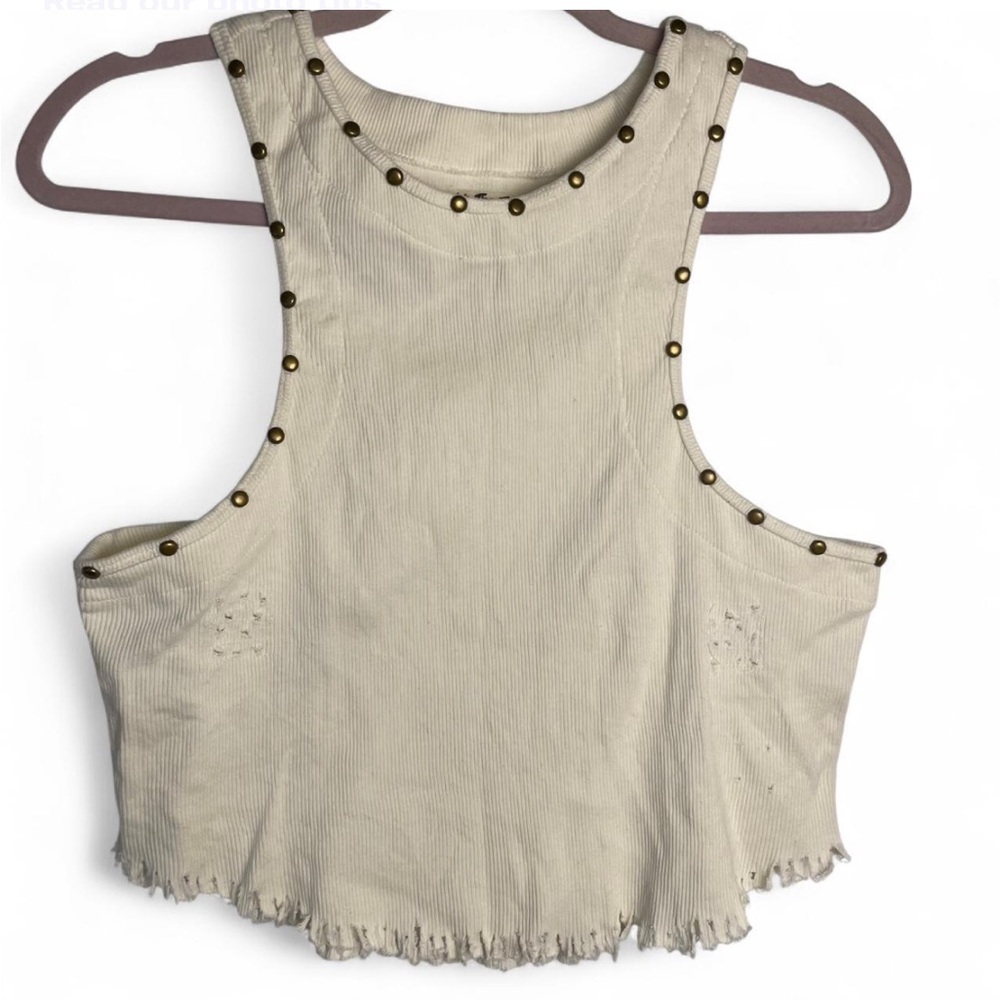 We The Free “Look Back At It” Studded Ribbed Ivory Crop Boho Tank Raw Hem-LRG